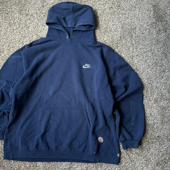 Vintage 90s Baggy Nike Check Navy Cotton Hoodie Sweatshirt - Picture 4 of 7